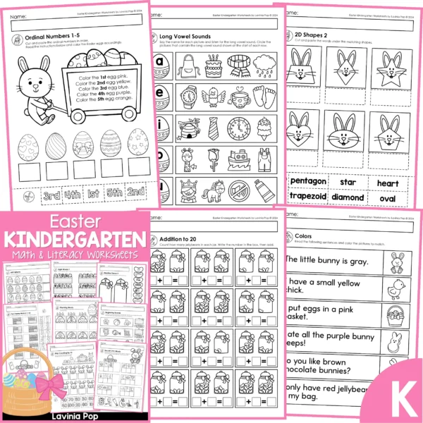 Easter Kindergarten Worksheets. Ordinal numbers 1-5 | Long vowel sounds | 2D shapes | Addition to 20 | Colors