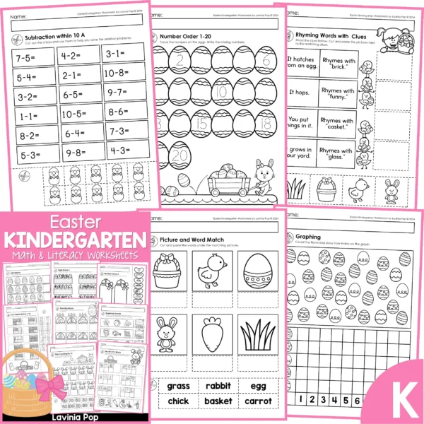Easter Kindergarten Worksheets. Subtraction within 10 | Number order 1-20 | Rhyming words with clues | Picture and word match | Graphing