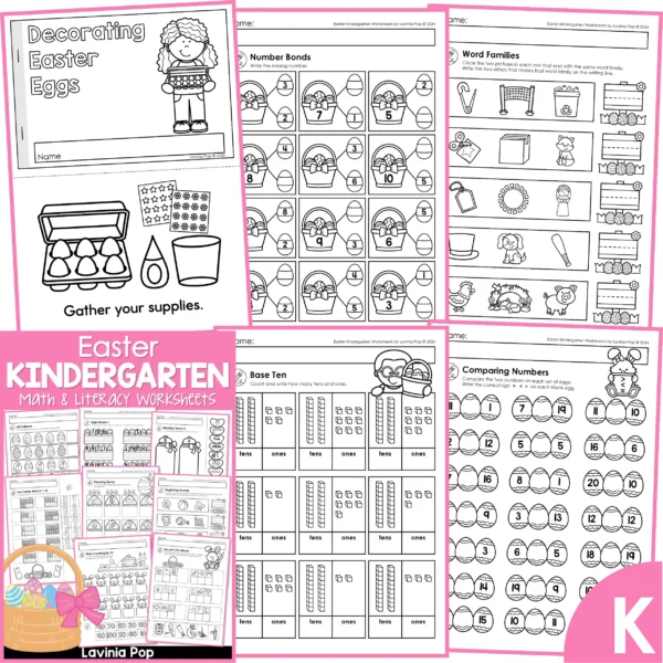 Easter Kindergarten Worksheets. Decorating Easter Eggs emergent reader | Number bonds | Word families | Base ten | Comparing numbers