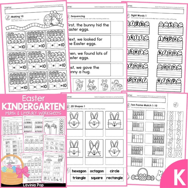Easter Kindergarten Worksheets. Making 1- | Sequencing | Sight words | 2D shapes | Ten frame match 1-10