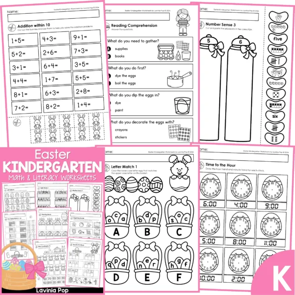 Easter Kindergarten Worksheets. Addition within 10 | Reading comprehension | Number sense | Letter match | Time to the hour