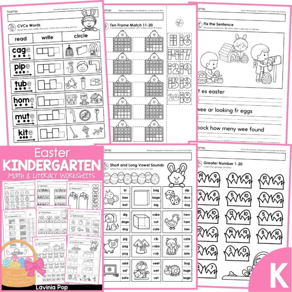 Easter Kindergarten Worksheets. CVCe words | Ten frame match 11-20 | Fix the sentence | Short and long vowel sounds | Great number 1-20