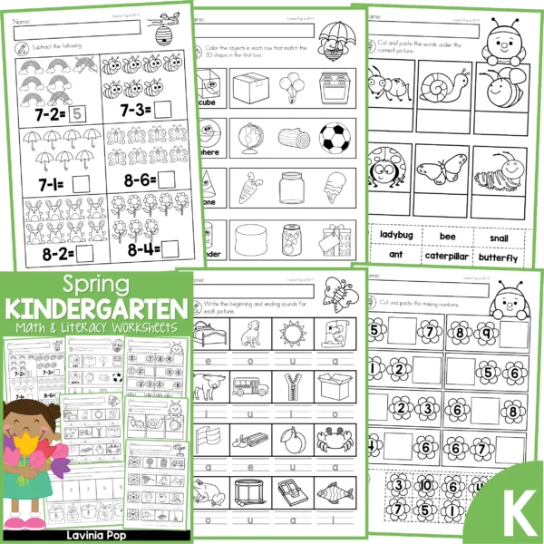 Kindergarten Spring Worksheets. Subtraction | 3D shapes in real life | Labelling bugs | beginning and ending sounds | Number order 1-10