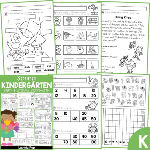 Kindergarten Spring Worksheets. Labeling | Word families | Reading comprehension Skip counting | Count and graph