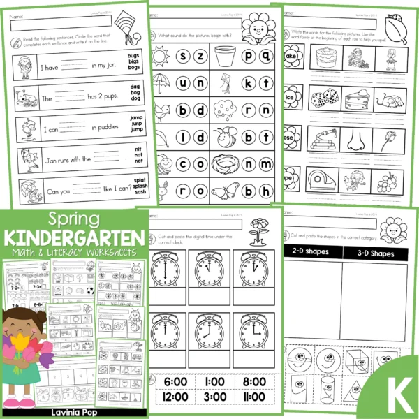 Kindergarten Spring Worksheets. Missing words | Beginning sounds | CVCe word families | Telling time to the hour | 3D shapes