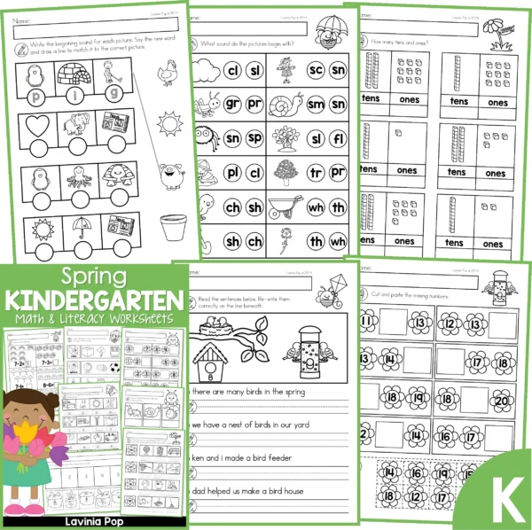 Kindergarten Spring Worksheets. CVC words | Beginning blends and digraphs | Place value with base ten blocks | Fix the sentence | Tenn number order
