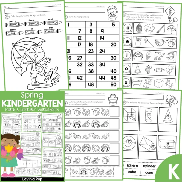 Kindergarten Spring Worksheets. Sight words | Number order 1-50 | Long vowel sounds | Patterns | 3D shapes