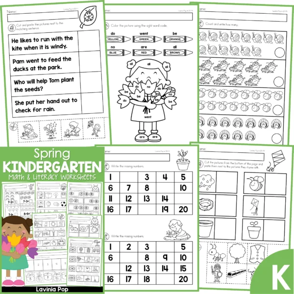 Kindergarten Spring Worksheets. Sentence and picture match | Sight words | Counting | Number order 1-20 | Rhyming words