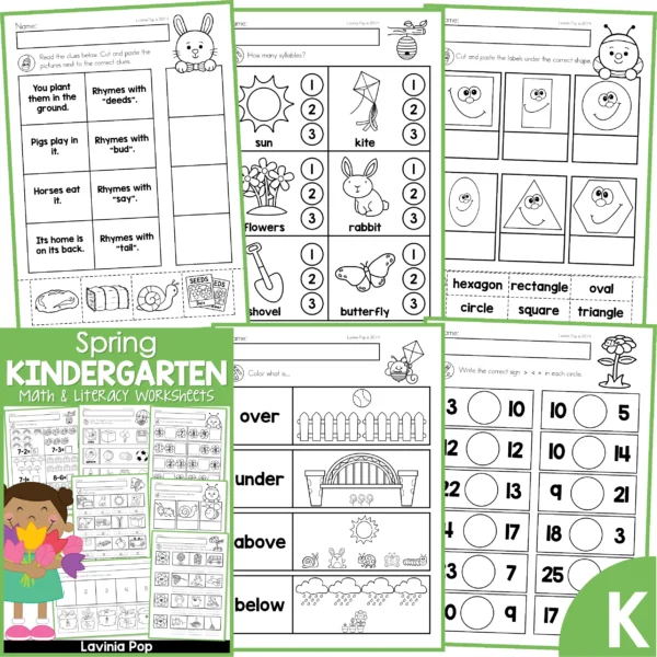 Kindergarten Spring Worksheets. Rhyming words | Syllables | 2D shapes | Prepositions | Comparing numbers