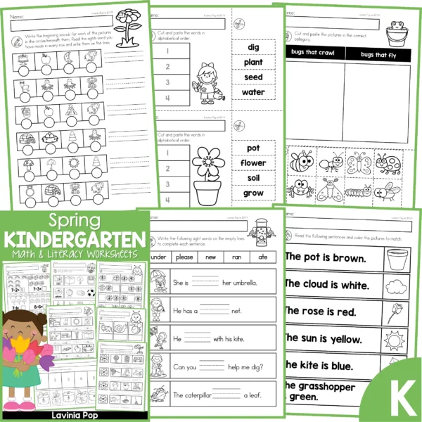 Kindergarten Spring Worksheets. Sight words | Alphabetical order | Classifying | Colors