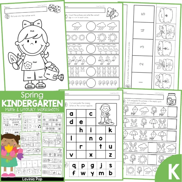 Kindergarten Spring Worksheets. Number words | Comparing quantities | Carrot life cycle | Alphabetical order | Patterns