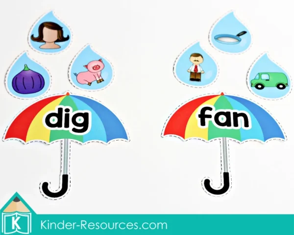 Preschool Spring Centers. Umbrella and Raindrops Rhyming Words