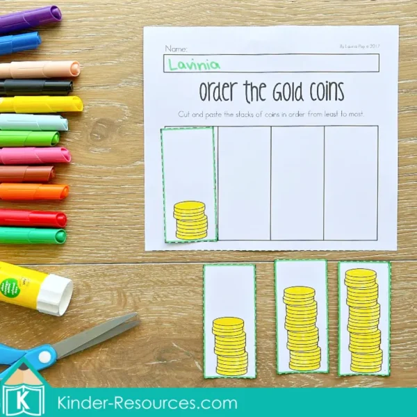 Preschool St. Patrick's Day Worksheets. Gold coin stack order by height