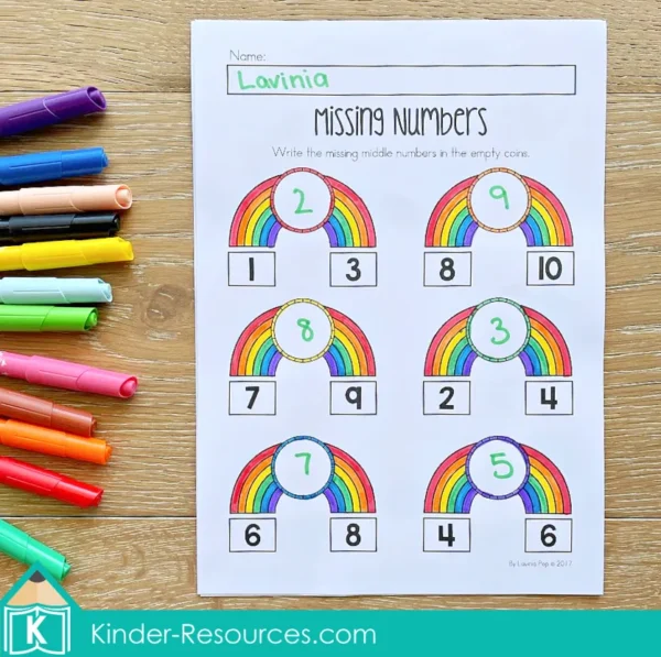 Preschool St. Patrick's Day Worksheets. Rainbow missing middle number