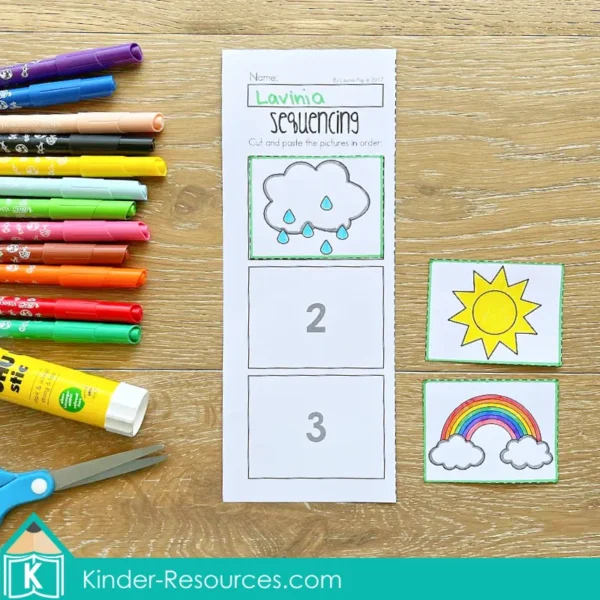 Preschool St. Patrick's Day Worksheets. Sequencing rain, sun, rainbow