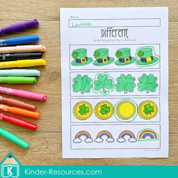 Preschool St. Patrick's Day Worksheets. Visual discrimination picture that is different