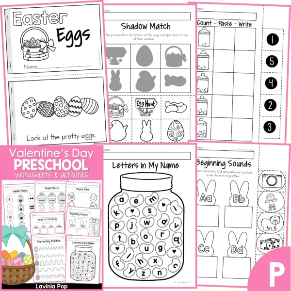 Easter Preschool Worksheets and Activities. Emergent reader | Shadow match | count-paste-write | Letters in my name | Beginning sounds