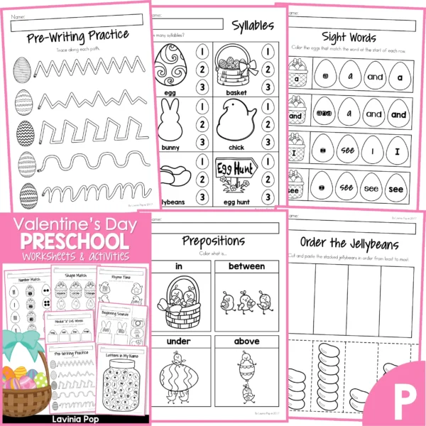 Easter Preschool Worksheets and Activities. Pre-writing practice | Syllables | Sight words | Prepositions | Order by amount (height)