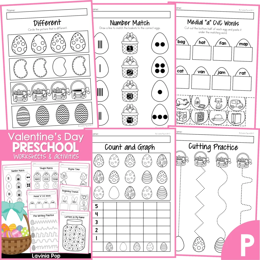 Easter Preschool Worksheets and Activities. Visual discrimination | Number match | CVC words | Count and graph | Cutting practice