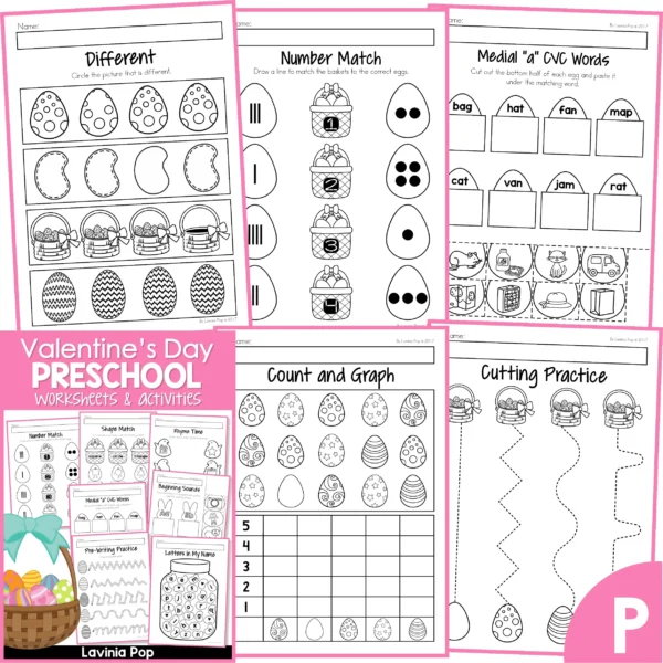 Easter Preschool Worksheets and Activities. Visual discrimination | Number match | CVC words | Count and graph | Cutting practice