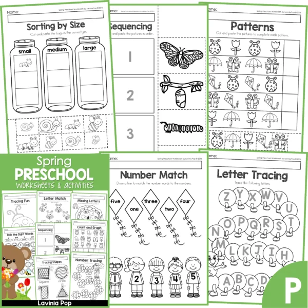 Spring Preschool Worksheets. Sorting by size | Sequencing | Patterns | Number match | Letter tracing