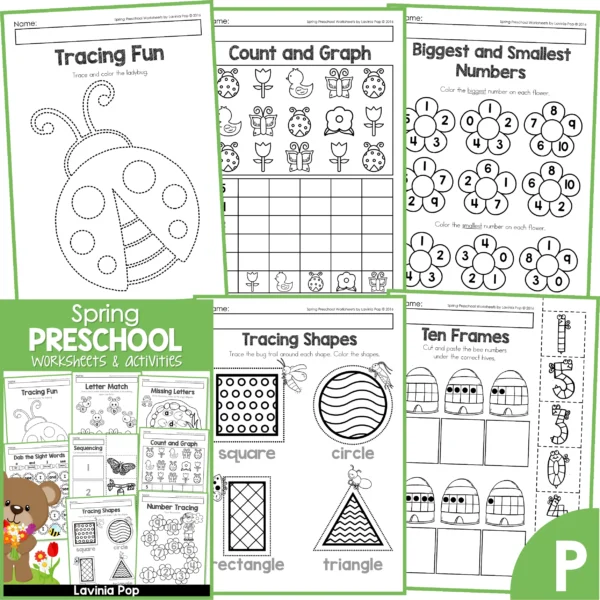Spring Preschool Worksheets. Tracing fun | Count and graph | Comparing numbers Tracing 2D shapes | Ten Frames