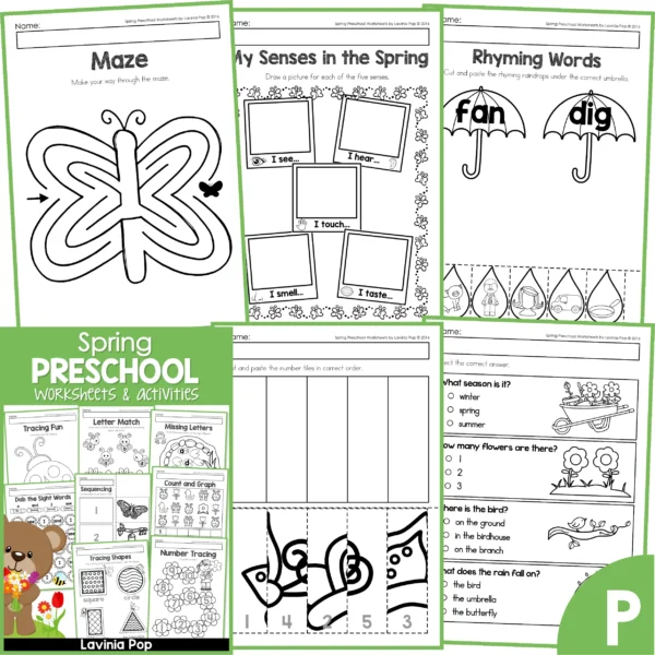 Spring Preschool Worksheets. Maze | 5 Senses | Rhyming words | Number order | Reading comprehension