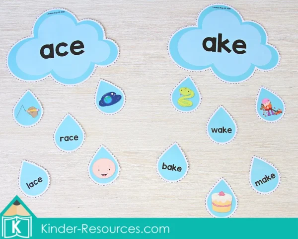 Spring Literacy Centers for Kindergarten. Cloud and Raindrops CVCe Word Families