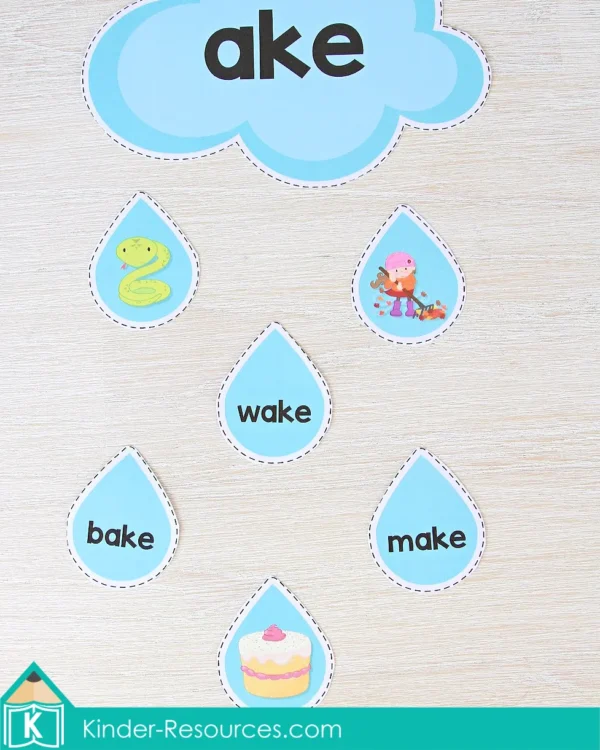 Spring Literacy Centers for Kindergarten. Cloud and Raindrops CVCe Word Families AKE