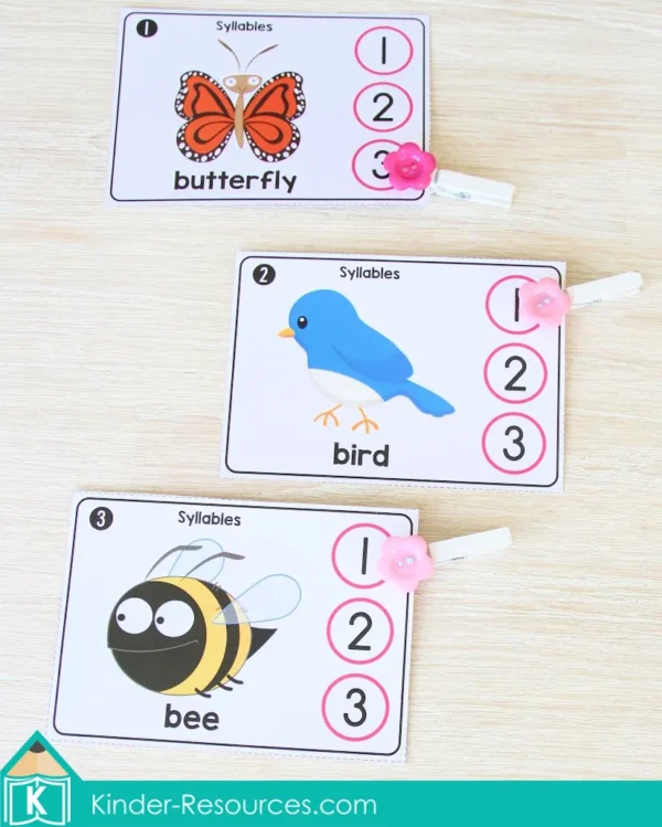 Spring Literacy Centers for Kindergarten. Syllable Clip Cards
