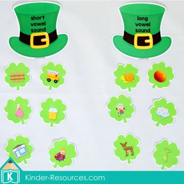 St. Patrick's Day Kindergarten Literacy Centers. Short vowel and long vowel sound sorting