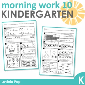 Kindergarten Morning Work Set 10. Literacy: writing CVC words, long vowel sounds, nouns, r-controlled vowels, sight words and correct capitalization of letters, ending punctuation and correct spelling of simple words. Math: place value, number sense, addition, subtraction, graphing and number order.