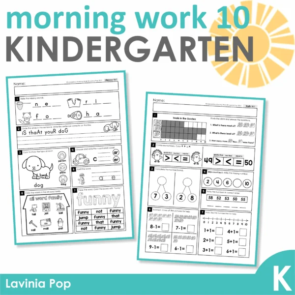 Kindergarten Morning Work Set 10. Literacy: writing CVC words, long vowel sounds, nouns, r-controlled vowels, sight words and correct capitalization of letters, ending punctuation and correct spelling of simple words. Math: place value, number sense, addition, subtraction, graphing and number order.