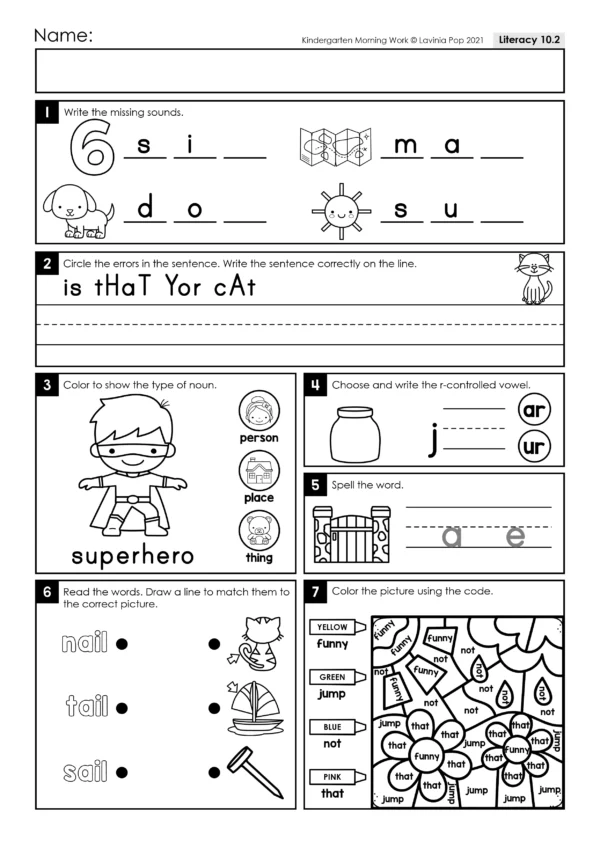 Kindergarten Morning Work Set 10. Literacy: writing CVC words, long vowel sounds, nouns, r-controlled vowels, sight words and correct capitalization of letters, ending punctuation and correct spelling of simple words. Math: place value, number sense, addition, subtraction, graphing and number order.