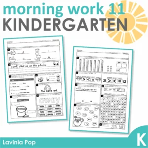 Kindergarten Morning Work Set 11. Literacy: writing CVC words, long vowel sounds, adjectives, sight words and correct capitalisation of letters, ending punctuation and correct spelling of simple words. Math: place value, number sense, addition, subtraction, number order, word problems, odd and even numbers and the hundreds chart.