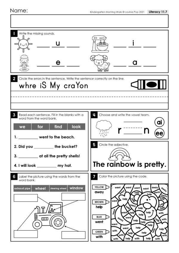 Kindergarten Morning Work Set 11. Literacy: writing CVC words, long vowel sounds, adjectives, sight words and correct capitalisation of letters, ending punctuation and correct spelling of simple words. Math: place value, number sense, addition, subtraction, number order, word problems, odd and even numbers and the hundreds chart.
