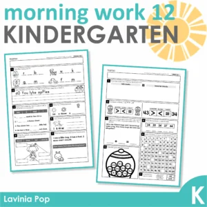 Kindergarten Morning Work Set 12. Literacy: writing CVCe words, compound words, sight words, reading comprehension and correct capitalization of letters, ending punctuation and correct spelling of simple words. Math: number sense, number order (1-100) odd and even numbers, addition, subtraction, number order and word problems.