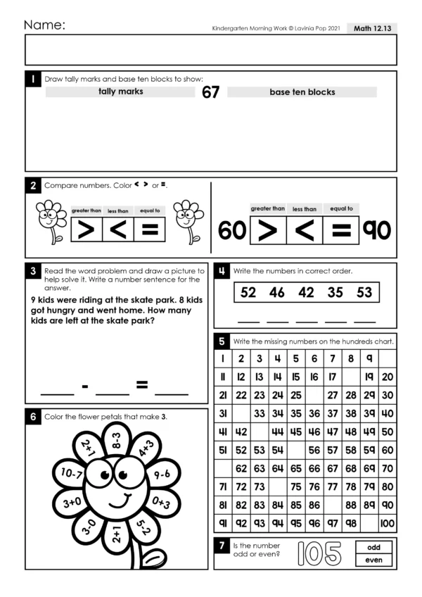 Kindergarten Morning Work Set 12. Literacy: writing CVCe words, compound words, sight words, reading comprehension and correct capitalization of letters, ending punctuation and correct spelling of simple words. Math: number sense, number order (1-100) odd and even numbers, addition, subtraction, number order and word problems.