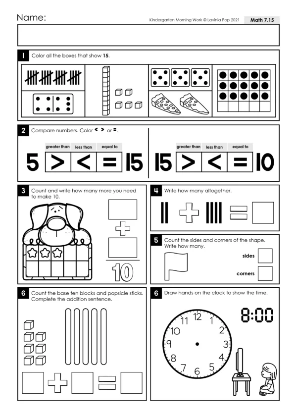 Kindergarten Morning Work Set 7. Alphabet, syllables, CVCC words, sight words, place value, number sense, addition, telling time.
