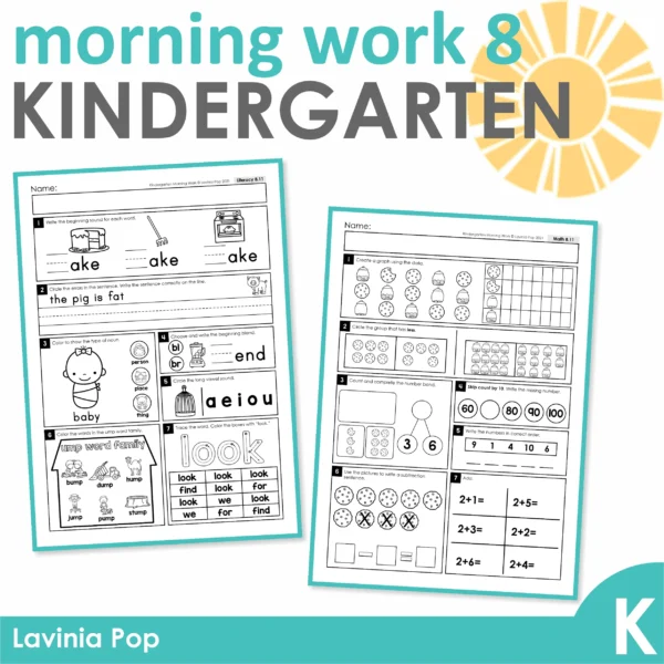Kindergarten Morning Work Set 8. Literacy: beginning sounds, correcting errors in sentences, nouns, long vowel sounds, word families, sight words. Math: graphing, comparing numbers, number bonds, skip counting, shapes, subtraction, weight.