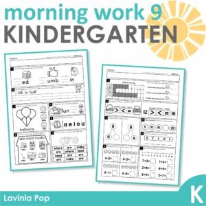 Kindergarten Morning Work Set 9. Literacy: blends, digraphs, long vowel sounds, nouns, correct capitalization of letters and ending punctuation. Math: place value, number sense, addition, subtraction, graphing and measurement.