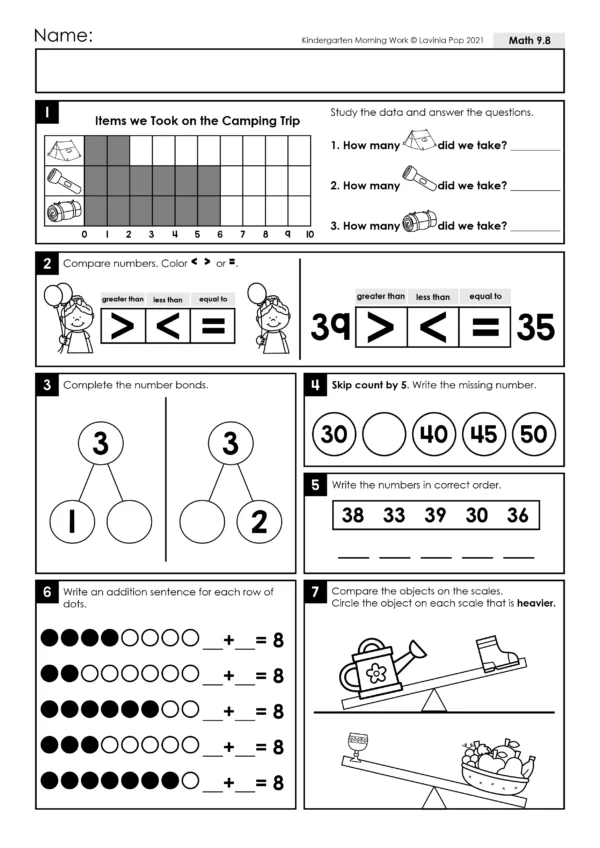 Kindergarten Morning Work Set 9. Literacy: blends, digraphs, long vowel sounds, nouns, correct capitalization of letters and ending punctuation. Math: place value, number sense, addition, subtraction, graphing and measurement.