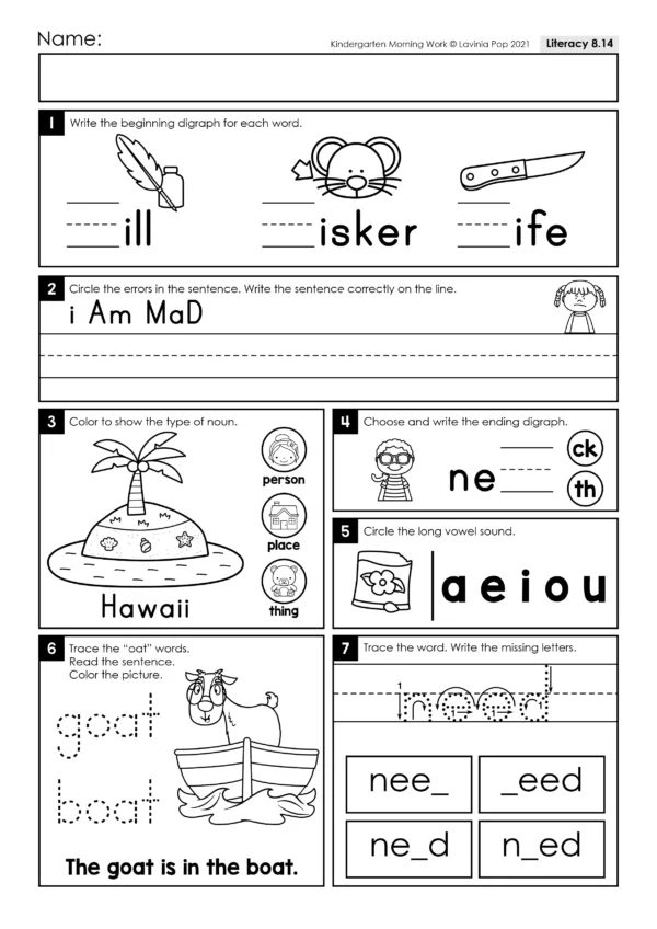 Kindergarten Morning Work Set 9. Literacy: blends, digraphs, long vowel sounds, nouns, correct capitalization of letters and ending punctuation. Math: place value, number sense, addition, subtraction, graphing and measurement.