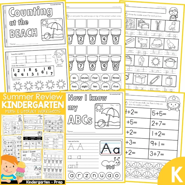 Kindergarten Summer Review Worksheets. Counting | Numbers | Middle Sounds | Alphabet | Addition