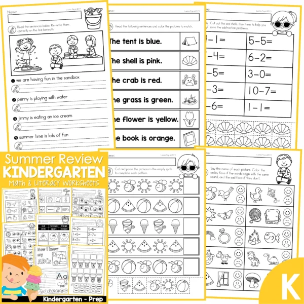 Kindergarten Summer Review Worksheets. Fix the Sentence | Colors | Subtraction | Patterns | Beginning Sounds