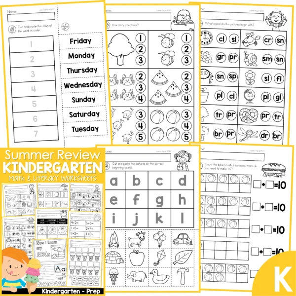 Kindergarten Summer Review Worksheets. Days of the Week | Counting | Beginning Blends | Beginning Sounds | Making 10