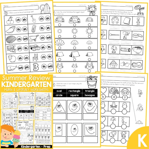 Kindergarten Summer Review Worksheets. Beginning Digraphs | Biggest | Word Families | 2D Shapes | CVC Words