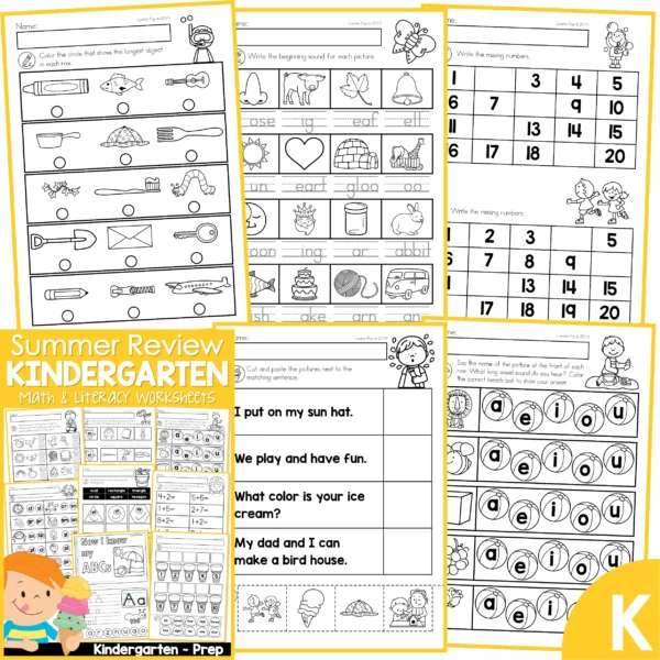 Kindergarten Summer Review Worksheets. Longest | Beginning Sounds | Missing Numbers | Sentence Picture Match | Long Vowel Sounds