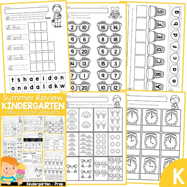 Kindergarten Summer Review Worksheets. Sight Words | Comparing Numbers | Alphabet Match | Comparing Amounts | Telling Time to the Hour