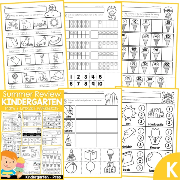 Kindergarten Summer Review Worksheets. Ending Sounds | Ten Frames | Skip Counting | 3D Shapes | Syllables
